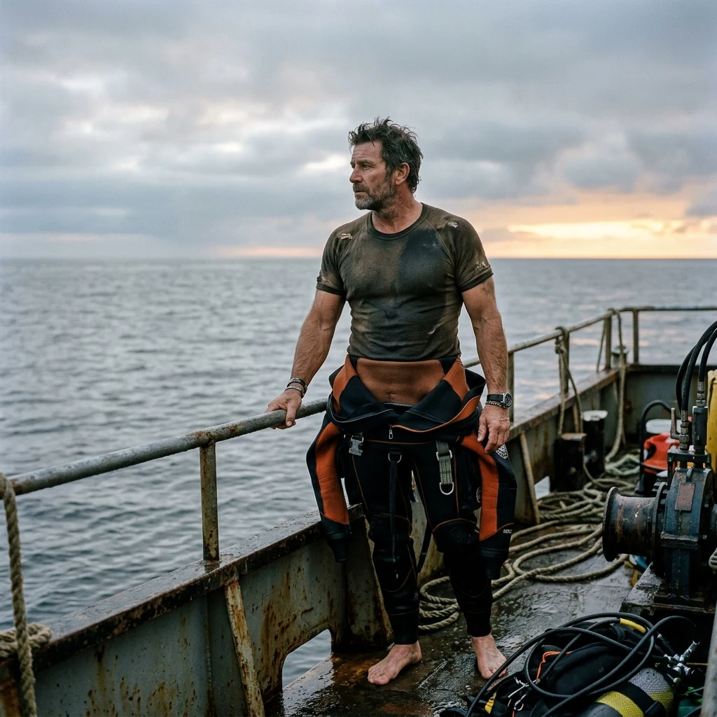 Salvage diver on a boat at dawn
