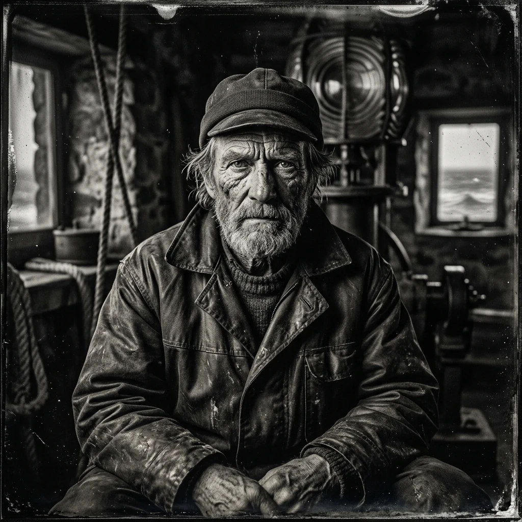 Portrait of a lighthouse keeper in oilskins