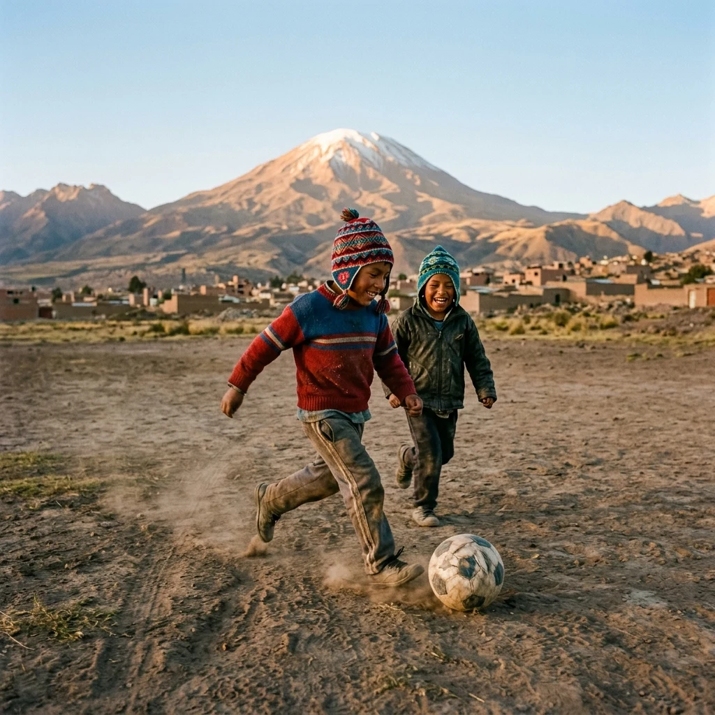 Two indigenous Bolivian boys in hand-knit chullo hats kicking a worn soccer ball across a…