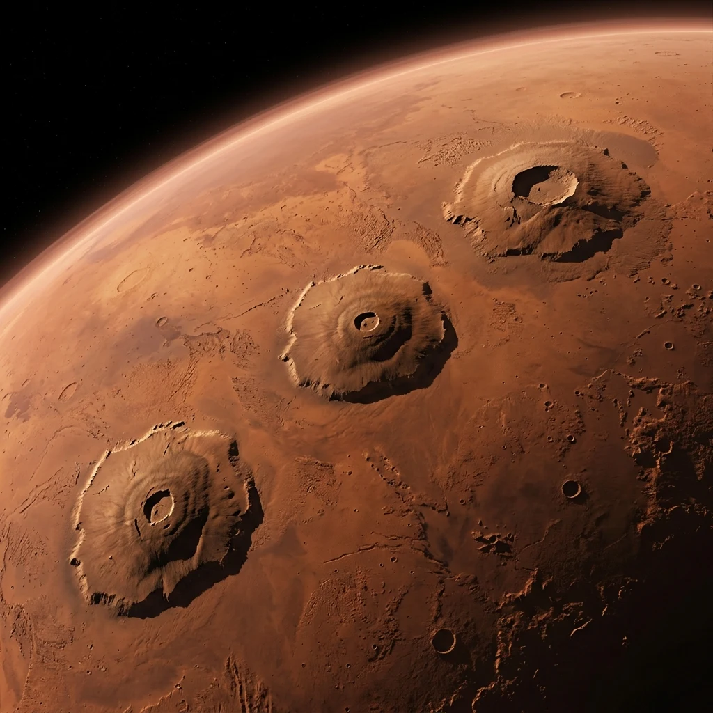 An orbital view of Mars showing the three colossal shield volcanoes of Tharsis Montes…