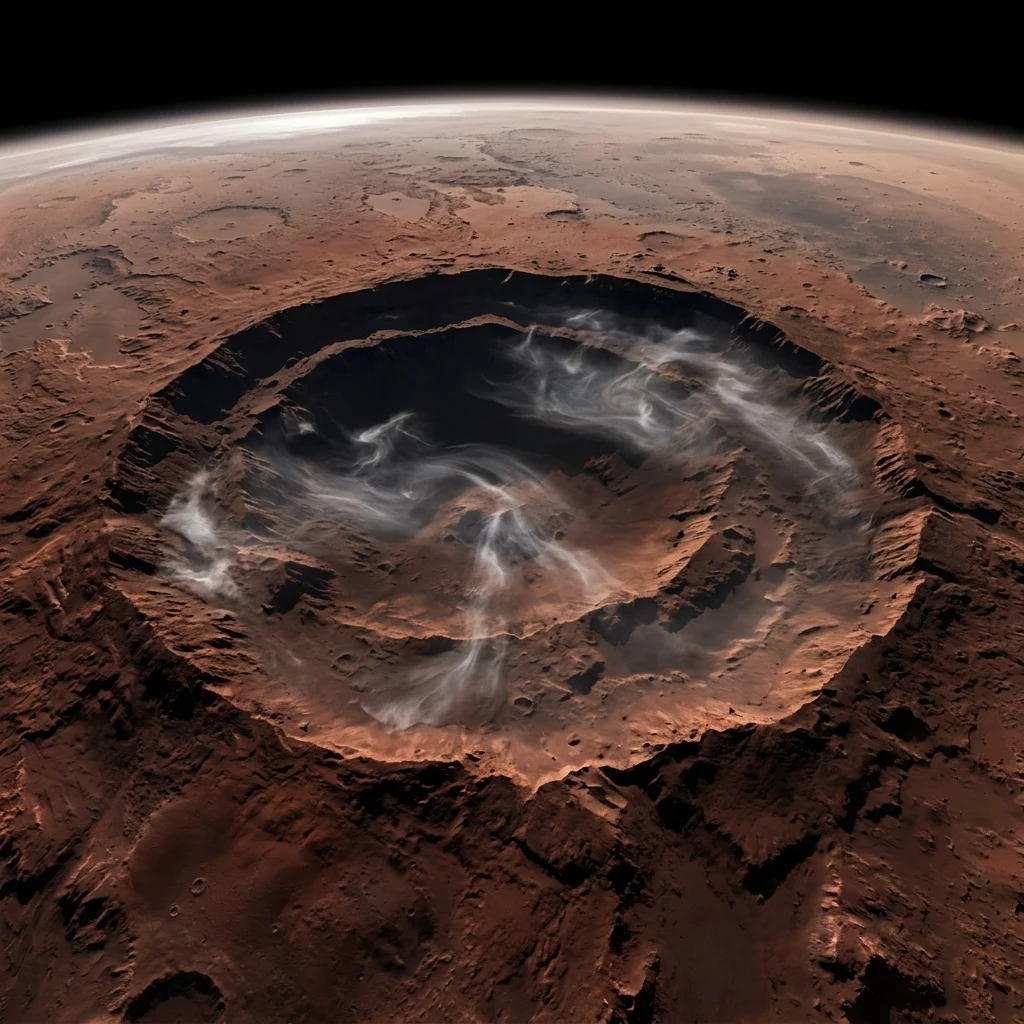 A high-altitude perspective above the summit caldera of Ascraeus Mons in Tharsis Montes