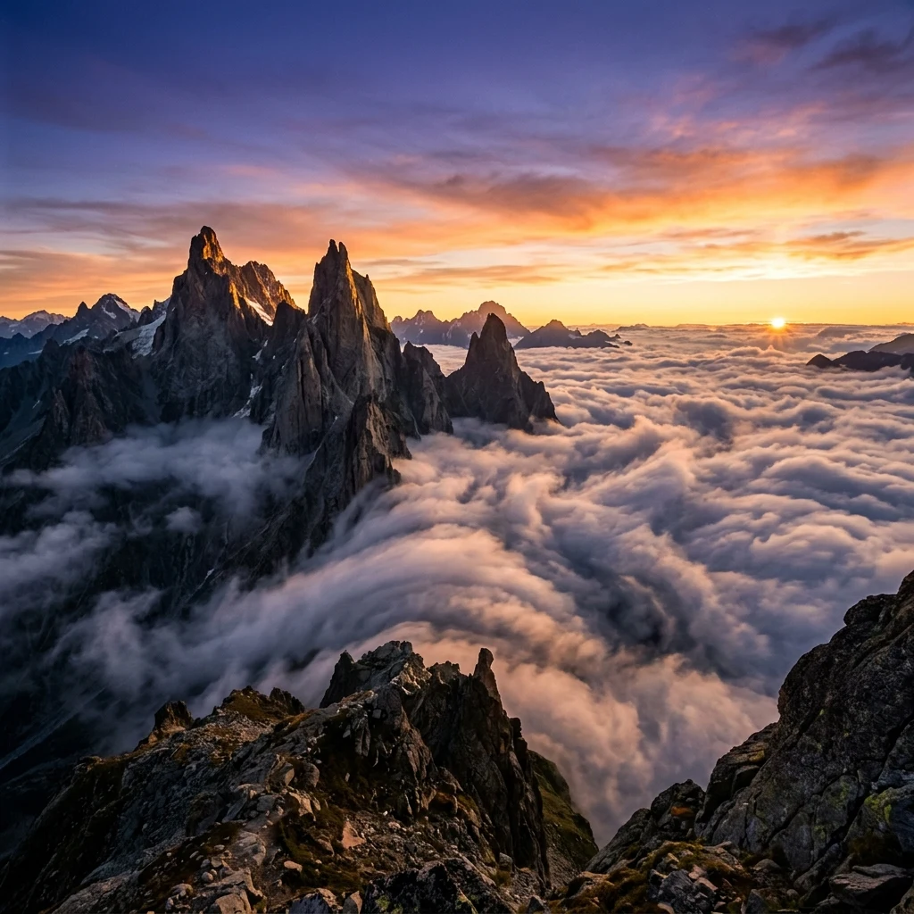 Mount Kinabalu's jagged granite spires rising above the clouds from a high ridge in the…