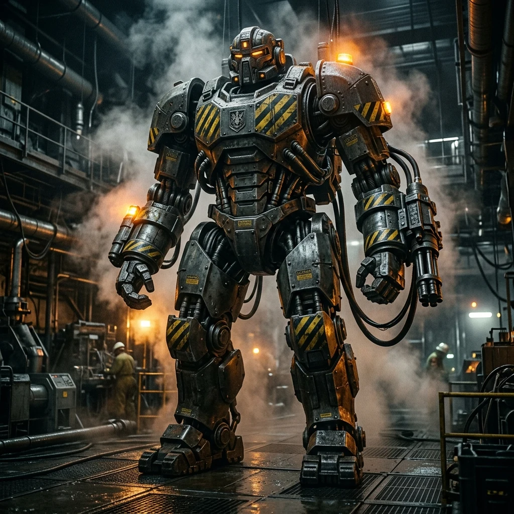 A heavy exoskeletal industrial armor suit covered in yellow hazard stripes and hydraulic…