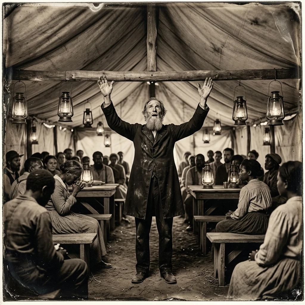 Preacher speaking inside a rural tent