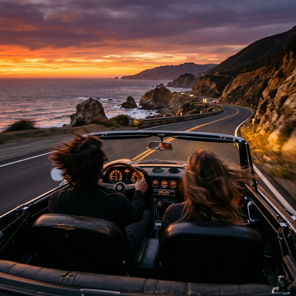 A convertible on a coastal highway at dusk shot from the back seat
