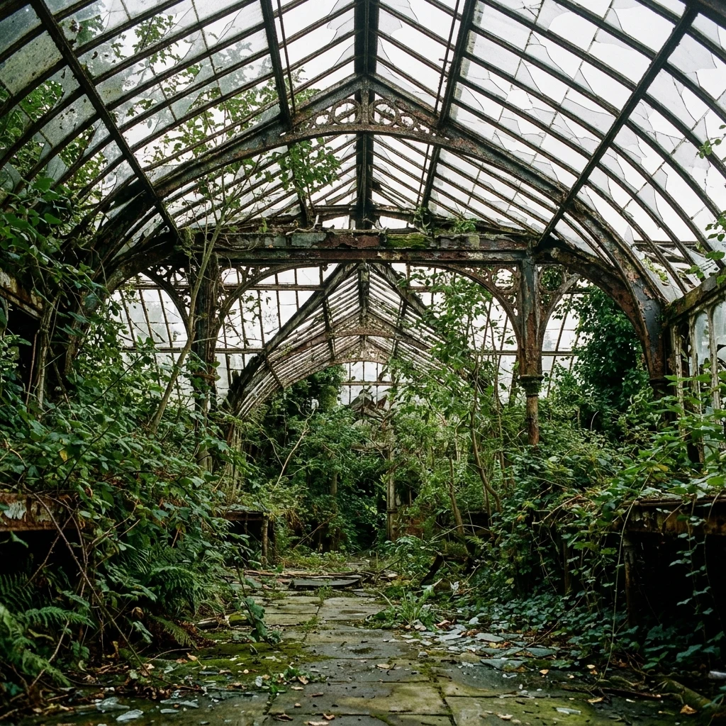 The interior of a derelict Victorian greenhouse with broken glass panes