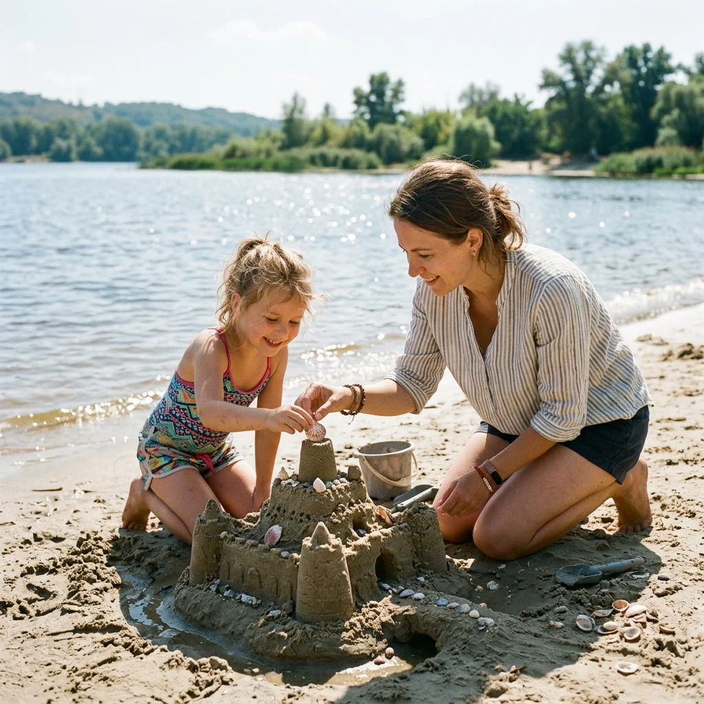 Building a sandcastle on a river bank