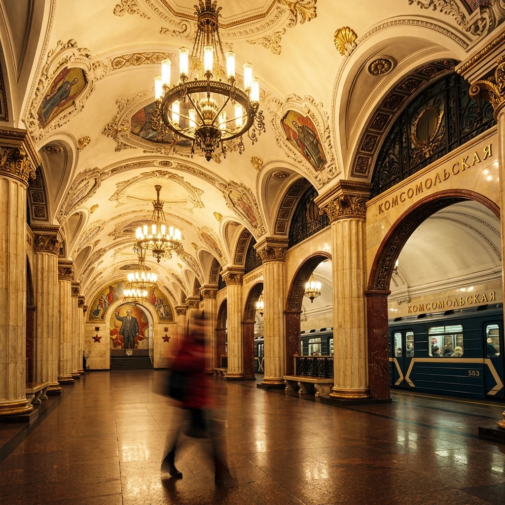 Grand marble hall with glowing golden chandeliers