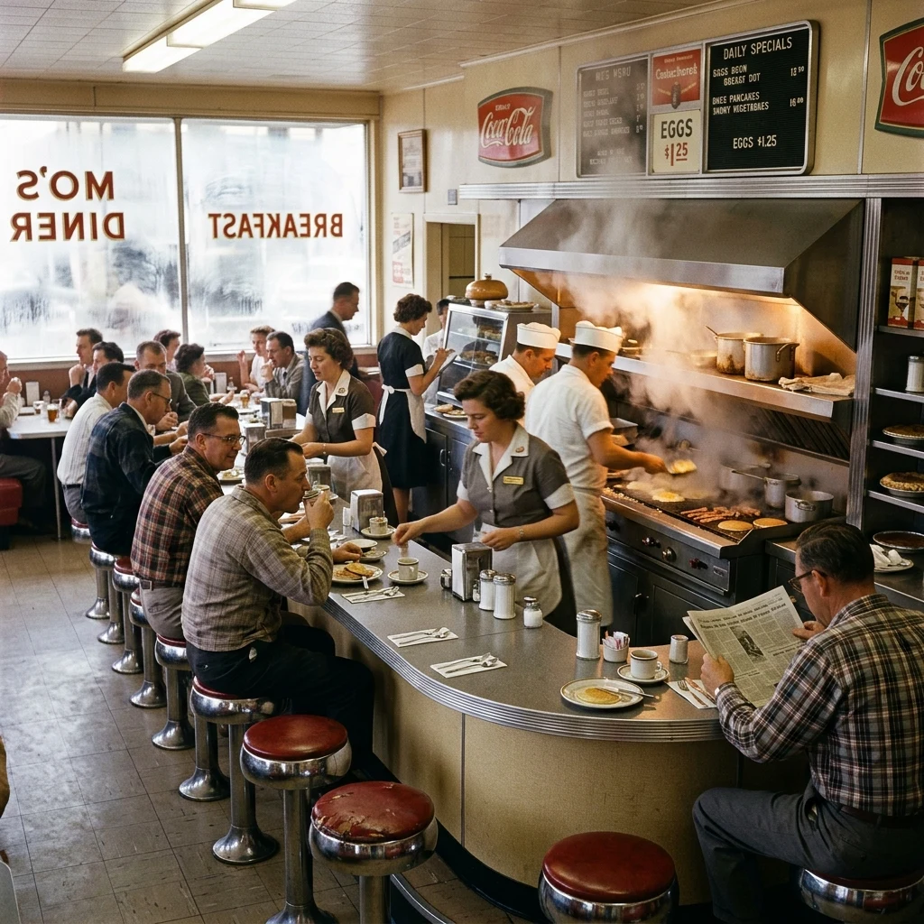 A Kodachrome slide of a roadside diner interior at breakfast rush