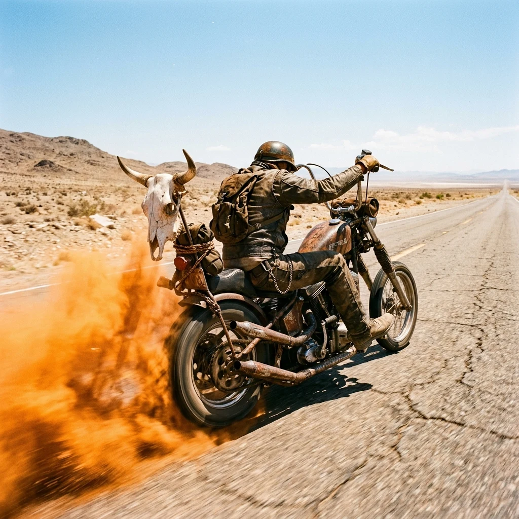 Lone rider on a dusty desert highway