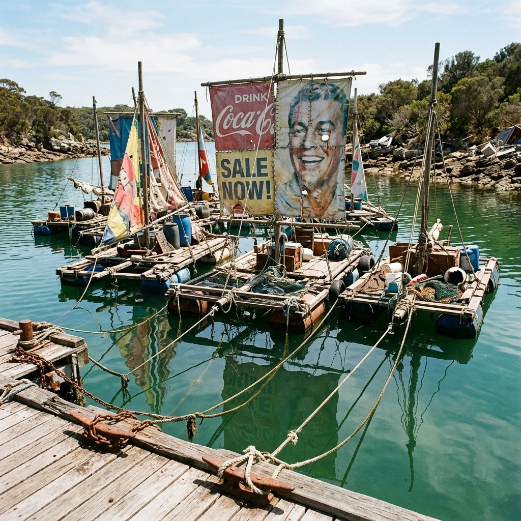 A fleet of makeshift scavenger rafts anchored inside a sheltered bay