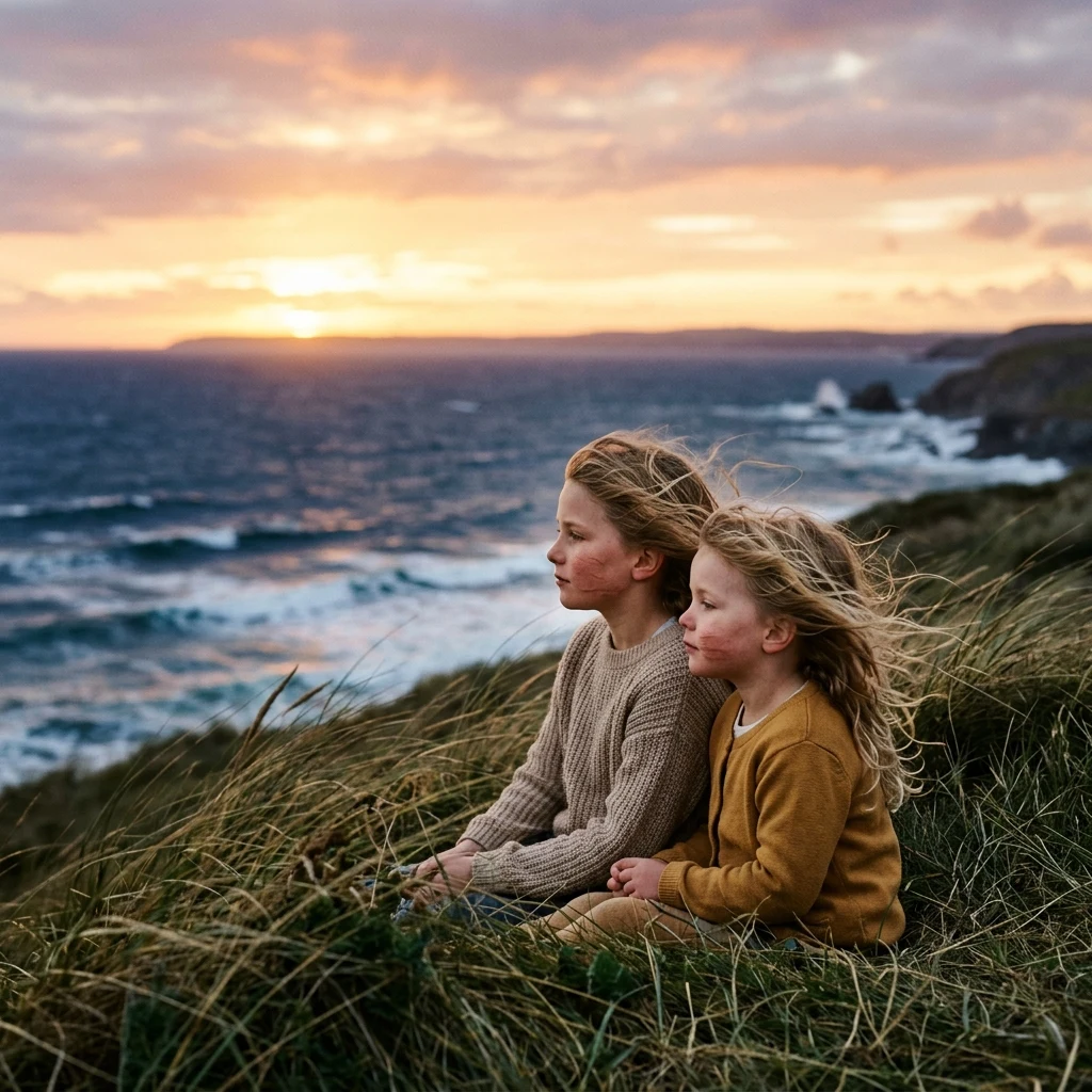 A sunset portrait of two sisters sitting on a grassy dune overlooking the Black Sea near…