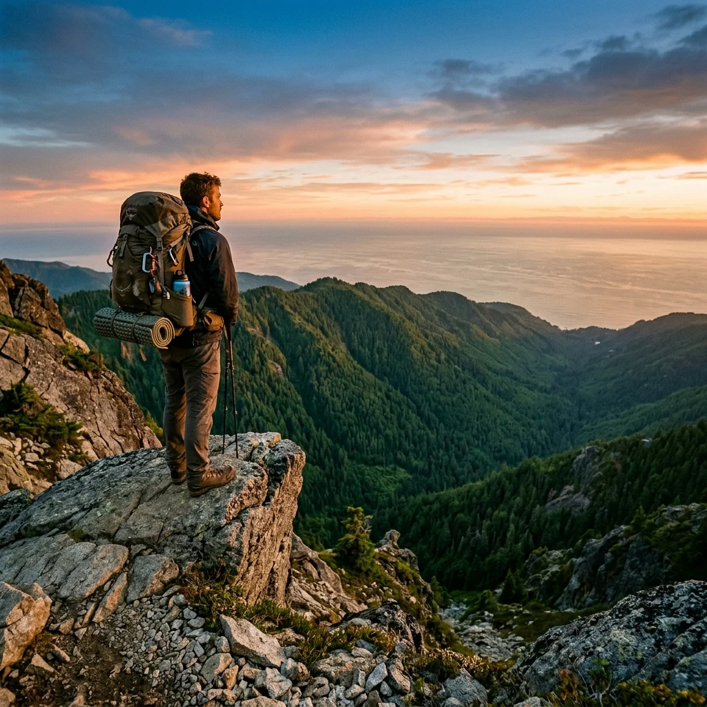 A lone backpacker standing on a windswept granite ledge in the Verdant Crags