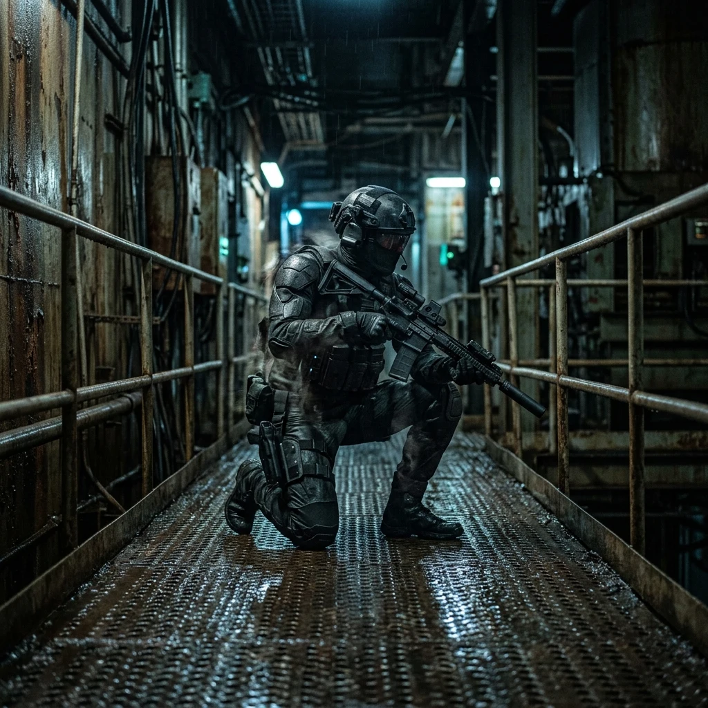 A stealth scout in an optical-camouflage suit that subtly warps the background light…