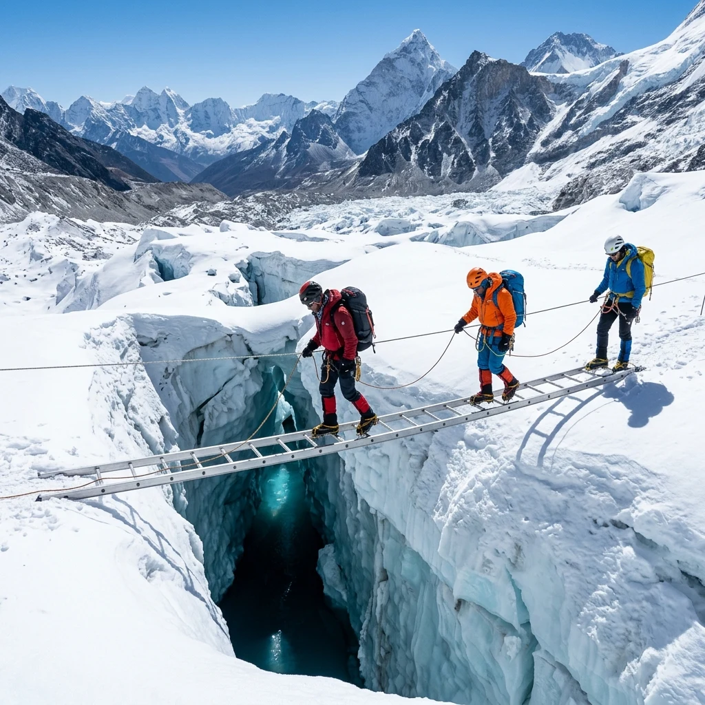 A team of mountaineers roped together crossing a wide crevasse on a ladders bridge over a…