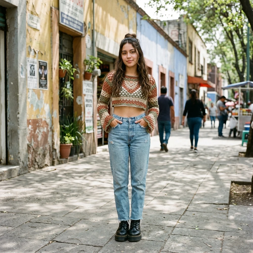 Crochet top and vintage jeans on a sunny street