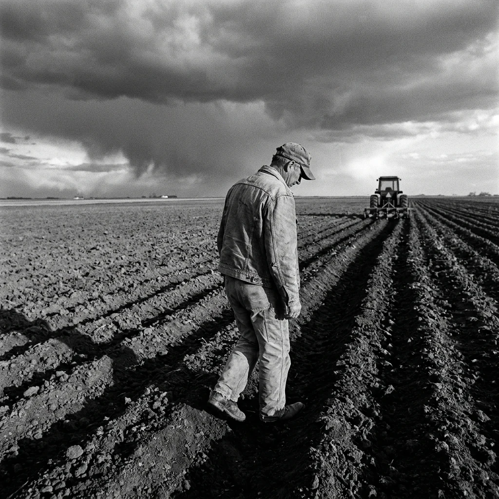 A lone farmer in a faded denim jacket walking a plowed furrow in Iowa