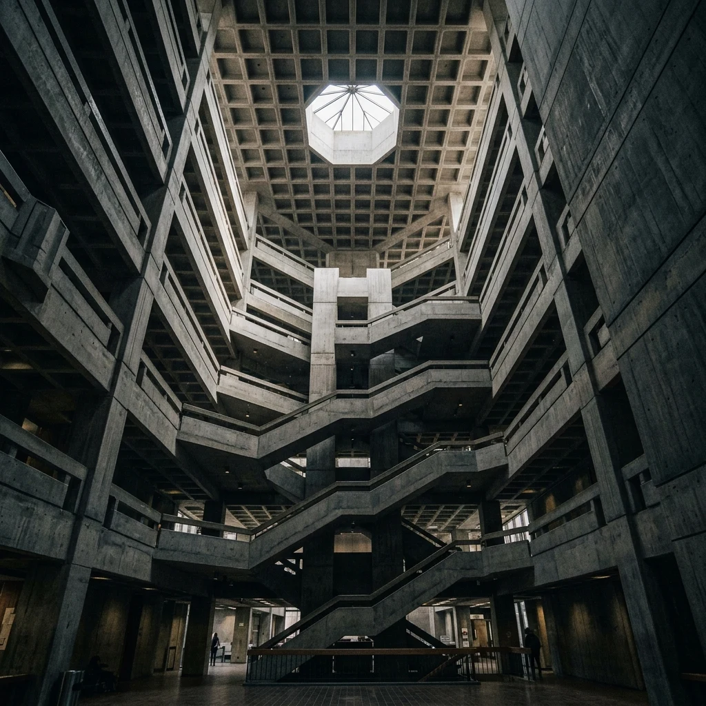 An interior view looking straight up the central atrium of a brutalist concrete…