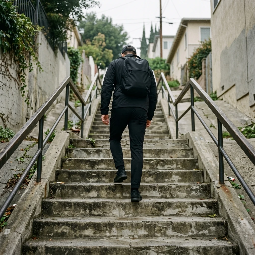 A man in monochrome black — zip-up