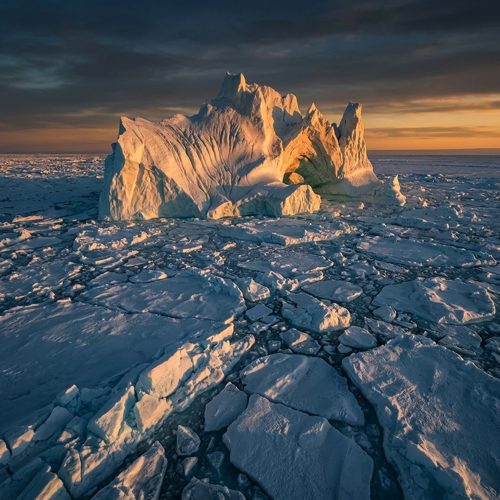 A colossal iceberg frozen into a vast sea of arctic ice