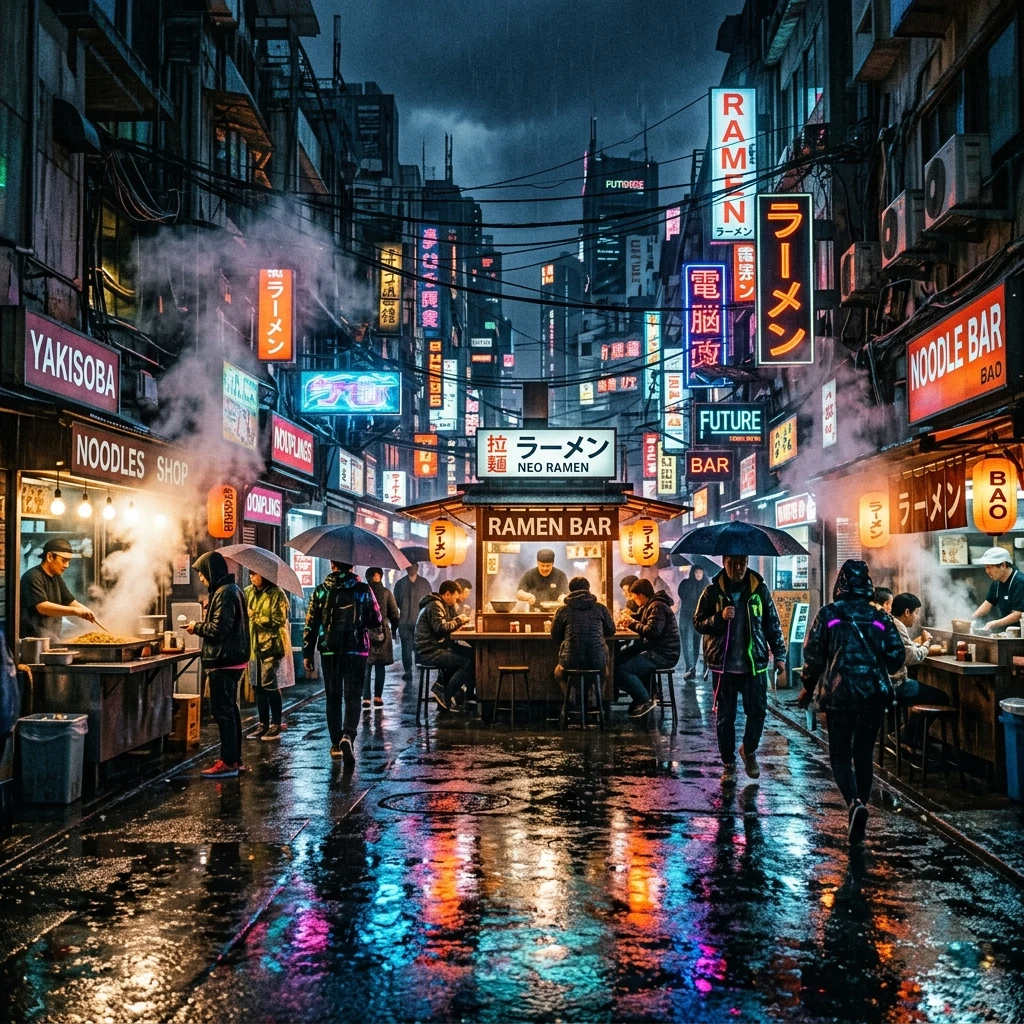 Neon lights reflecting in a rainy market