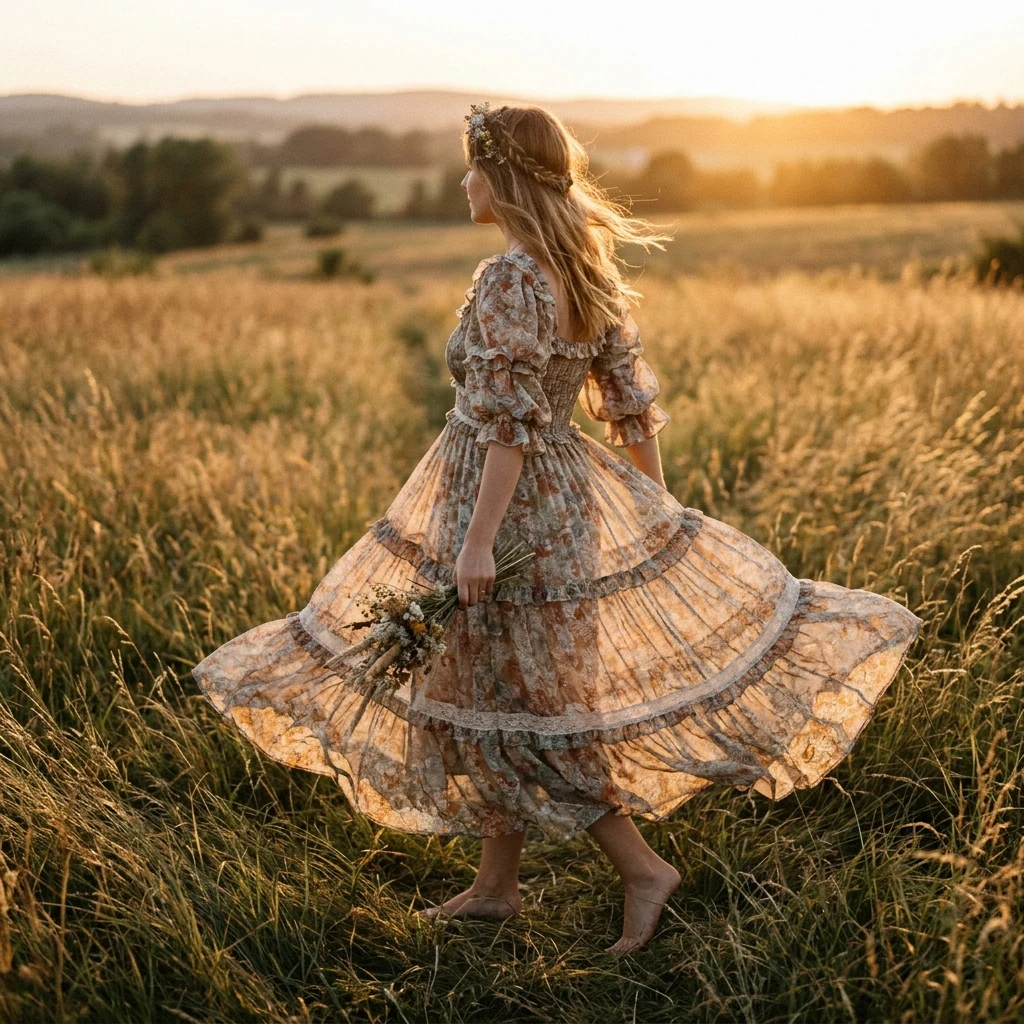 Floral dress in a golden field