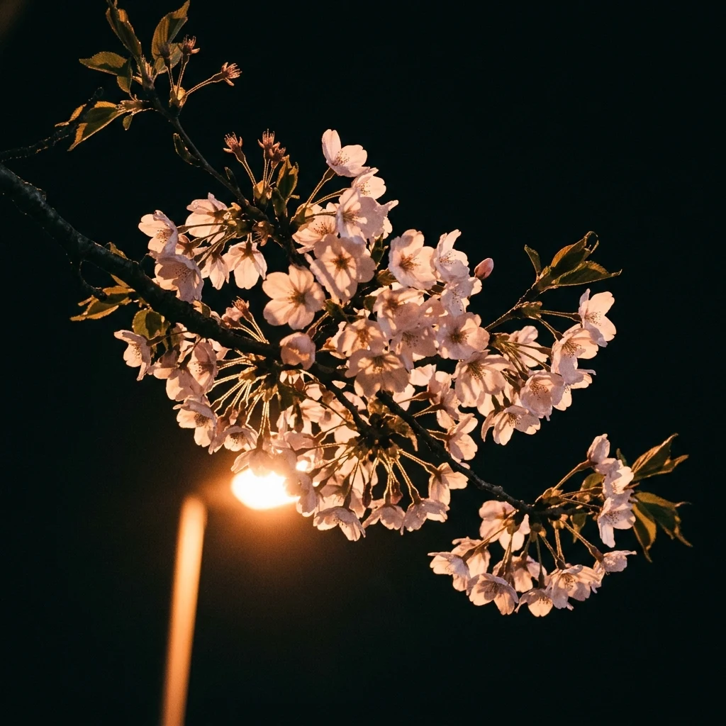 Blossom at night lit from below by a streetlight