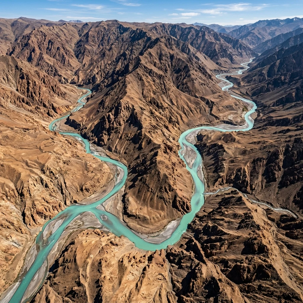 An aerial view looking straight down on the glacial turquoise rivers cutting through the…