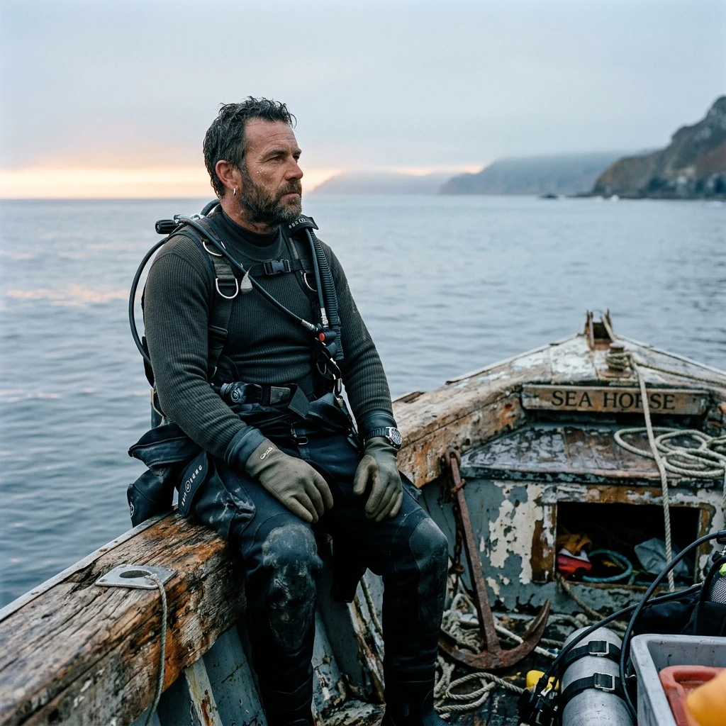 Diver resting on a boat at dawn