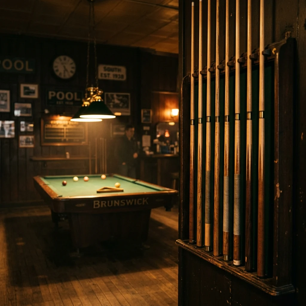 Quiet pool hall with green lamps