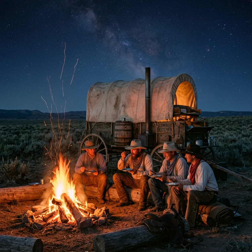 A cattle drive chuck wagon setup at dusk on the Chisholm Trail