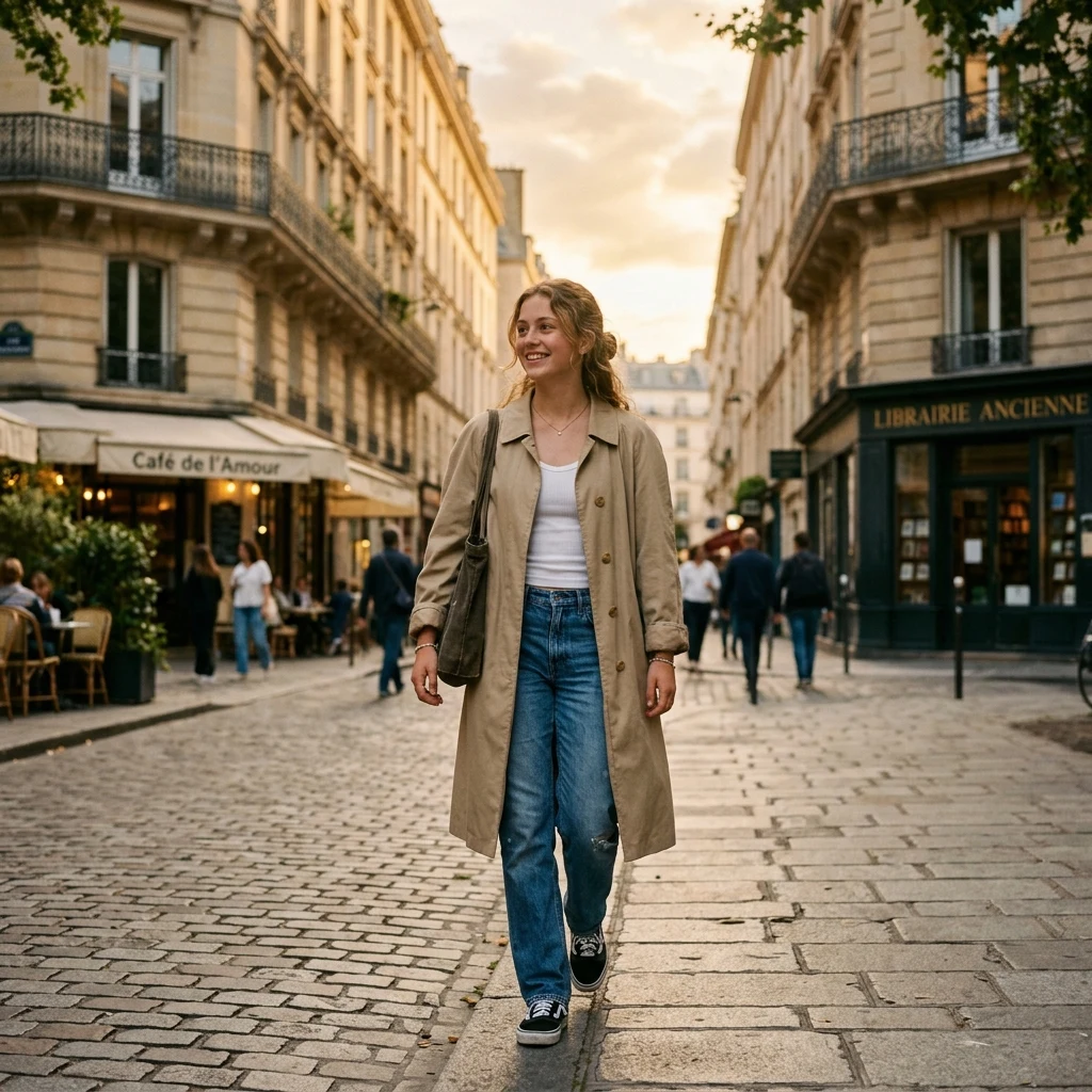 Trench coat and jeans on a sunny Parisian street