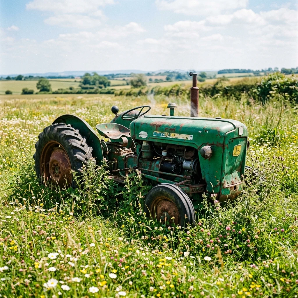 An old John Deere tractor parked in an overgrown clover field at noon
