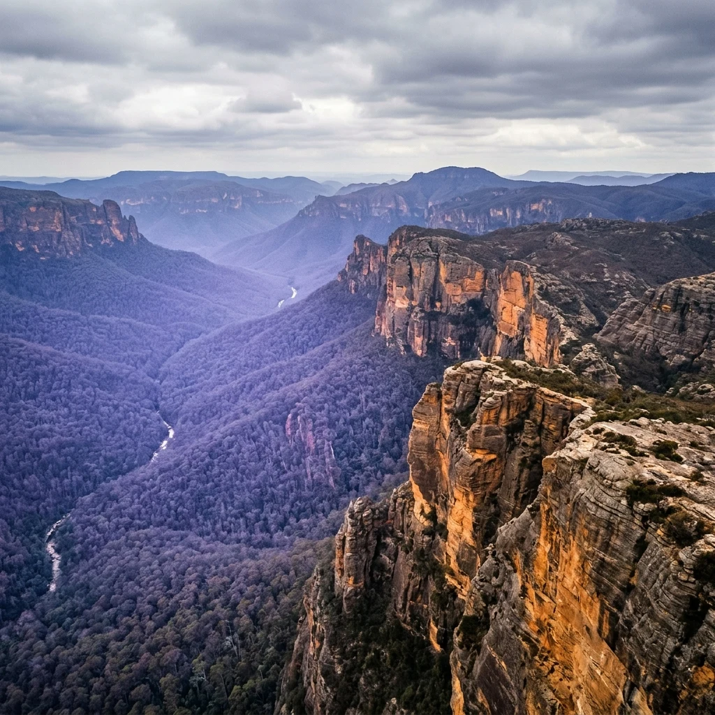 Sandstone cliffs above a misty valley