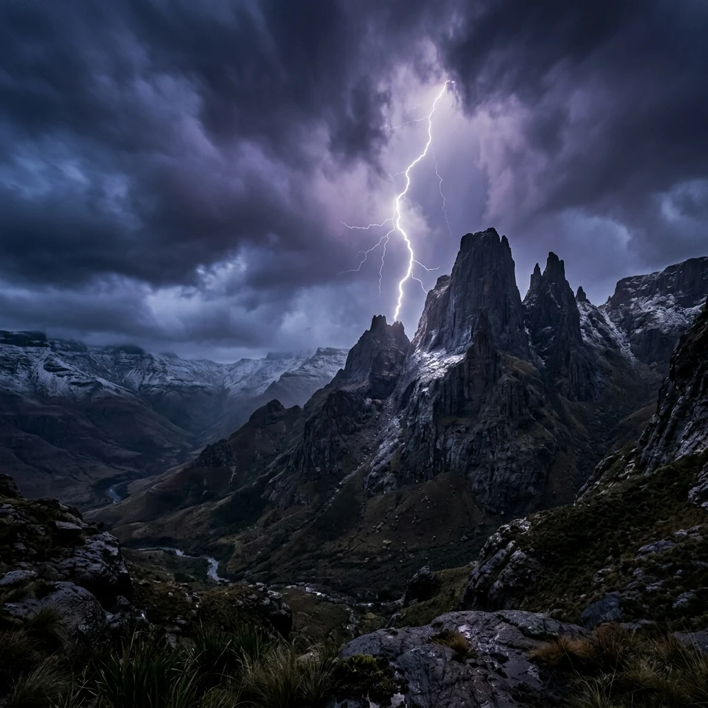 National Geographic style photograph of a winter thunderstorm breaking over the jagged