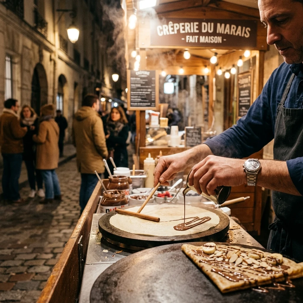 A traditional creperie cart in Paris at night