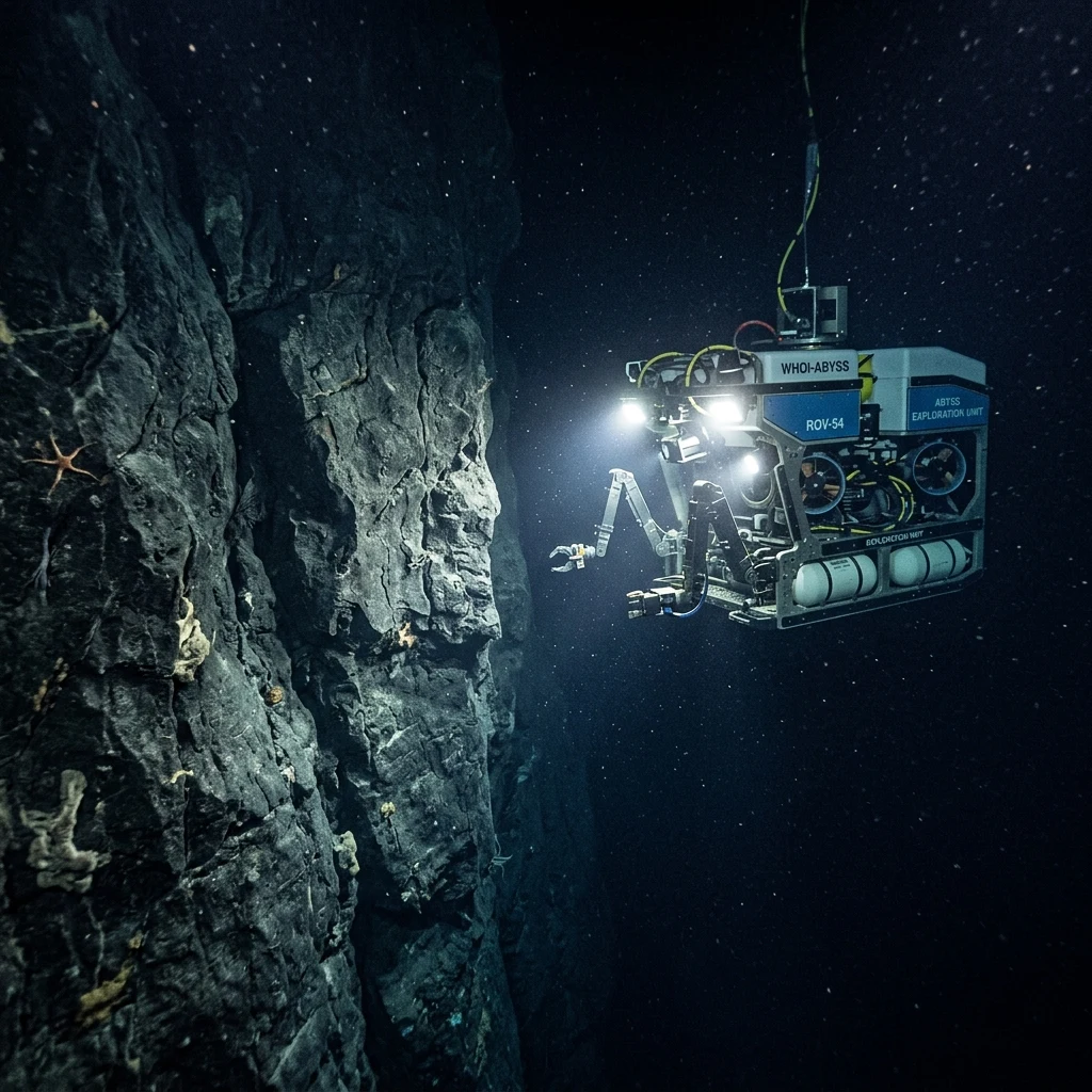 A deep-sea ROV hovering beside a 1,000-foot vertical underwater cliff face along the…