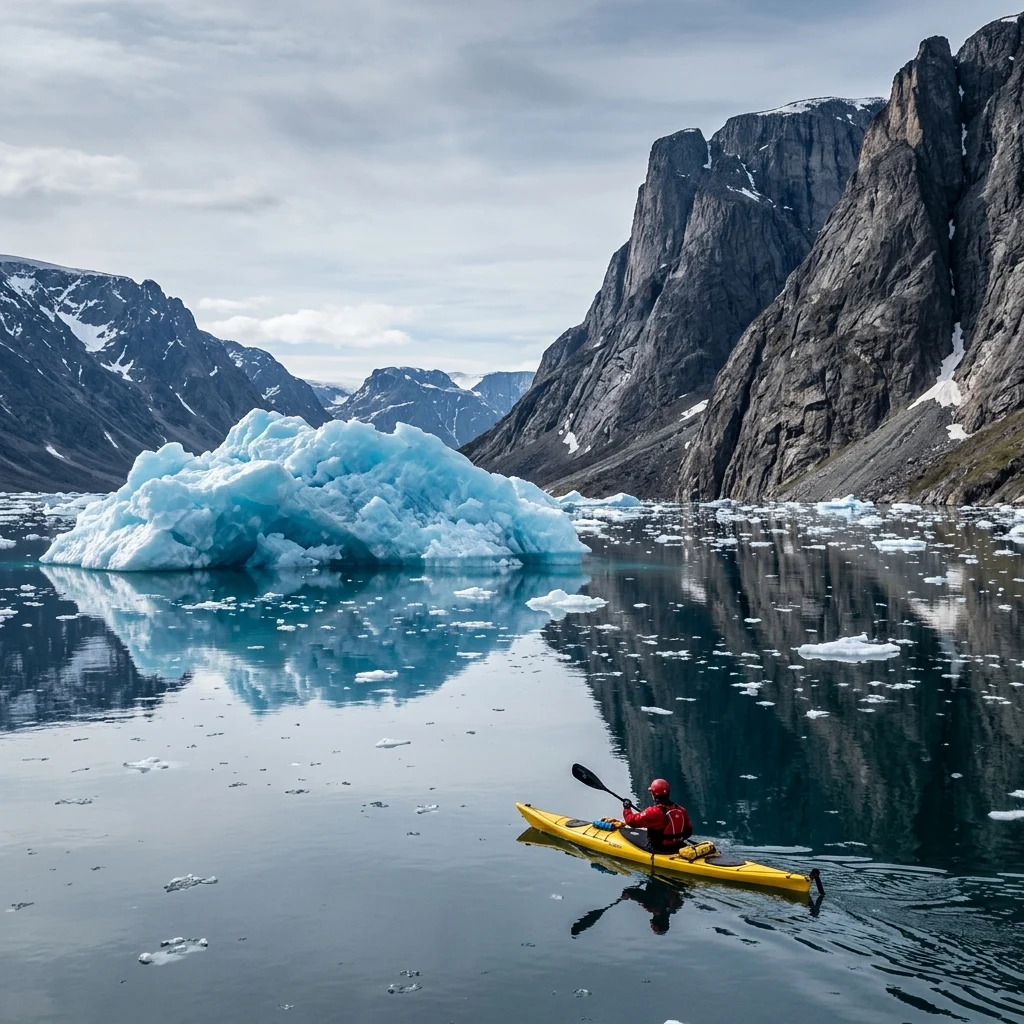 A sea kayaker paddling past a massive blue iceberg floating in a fjord beneath the…