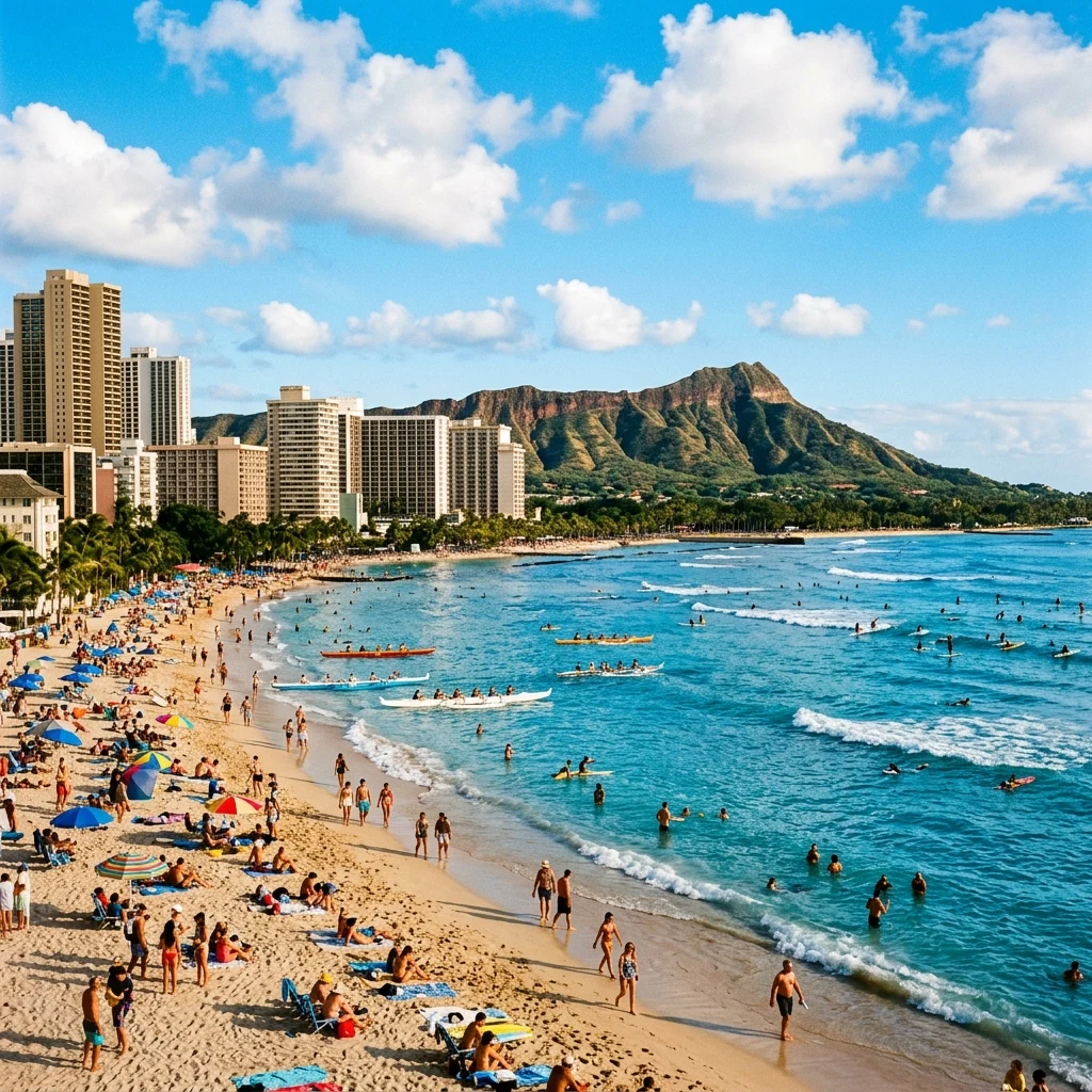 Sunny afternoon at a busy beach