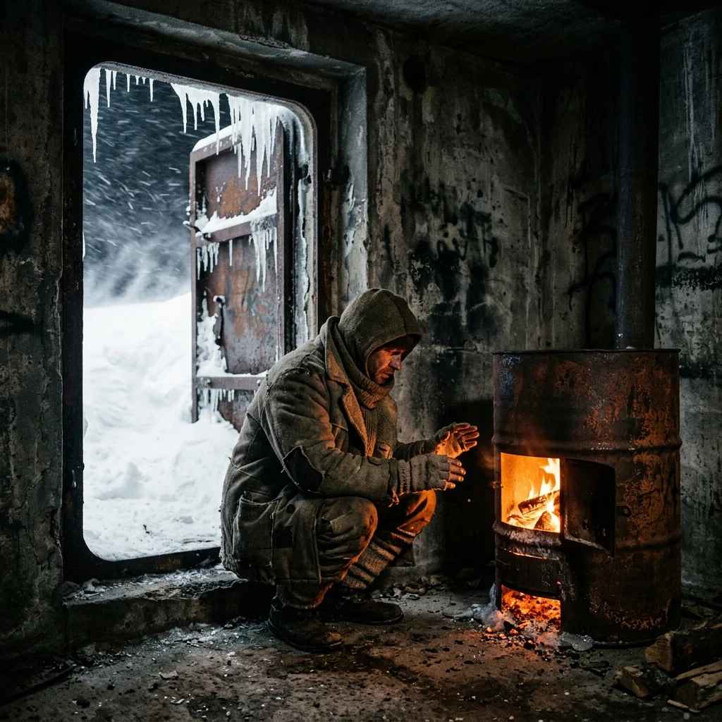 A survivor crouching beside a small wood-burning stove fashioned from an iron drum inside…