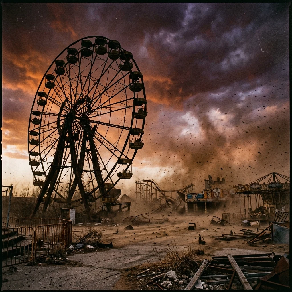 A violent dust storm hitting an abandoned amusement park