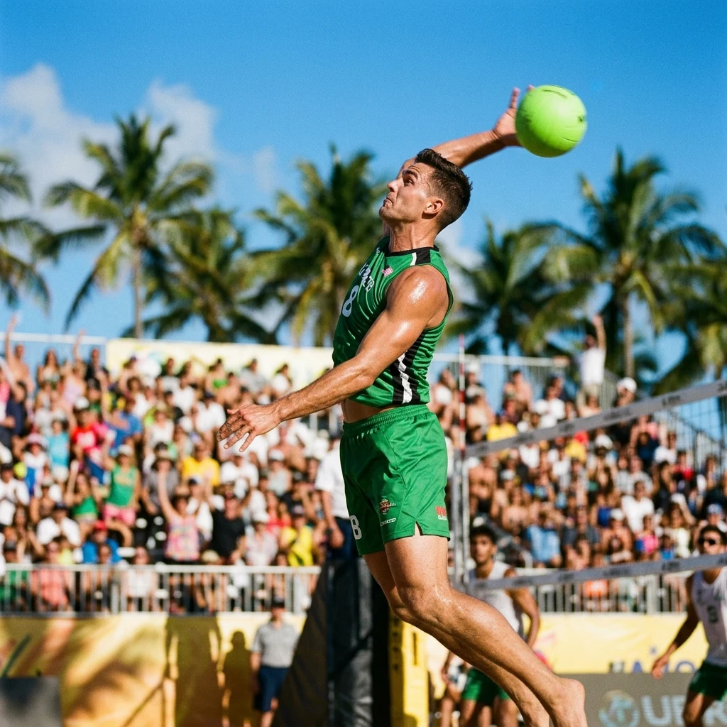 A male player in neon-green volley trunks mid-air spiking a ball down the line