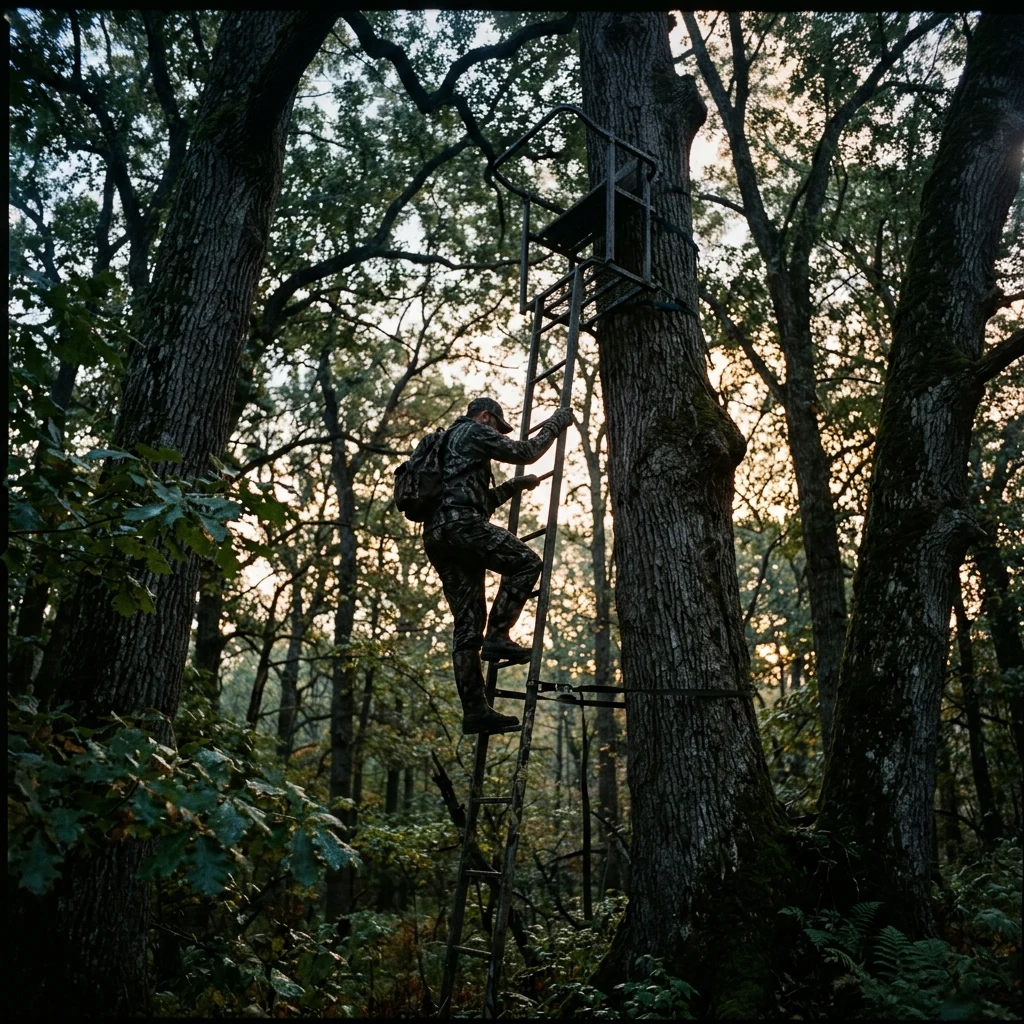 A hunter climbing into a treestand at first light in an oak wood