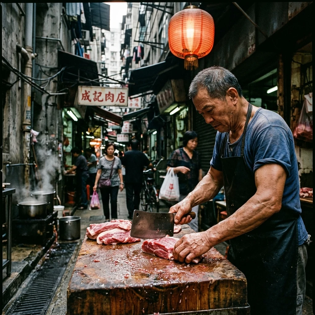 A butcher hacking pork on a wooden block at the perimeter of Kowloon Walled City during…