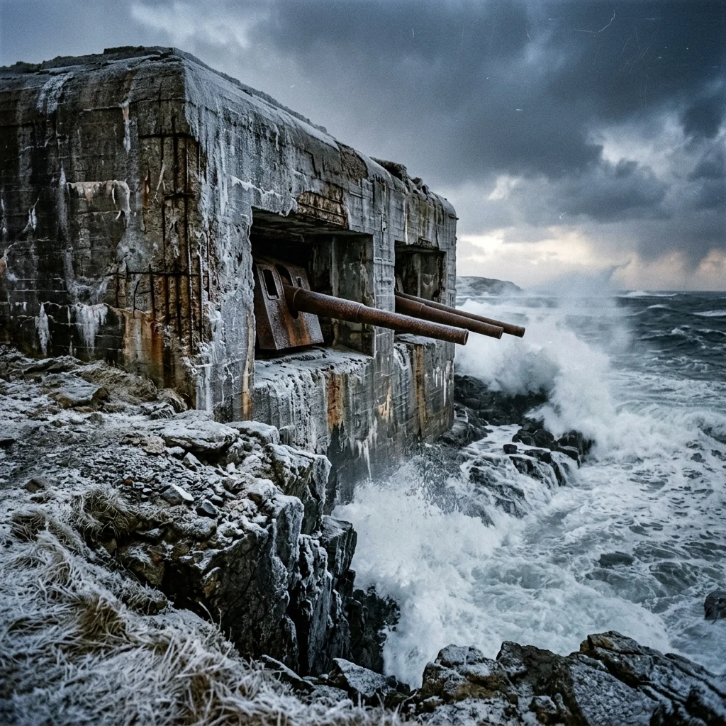 Old coastal bunker facing a winter storm