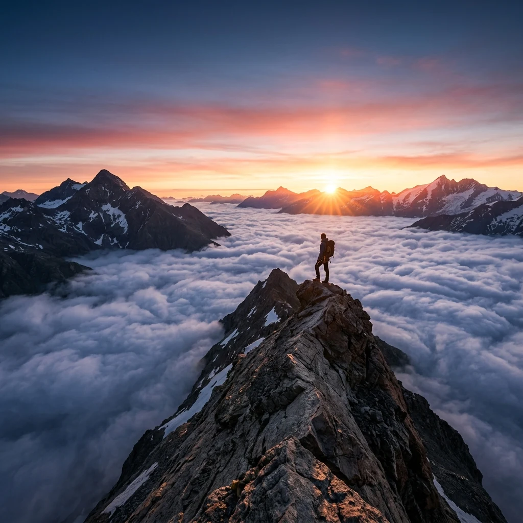 Person standing on a mountain ridge at dawn