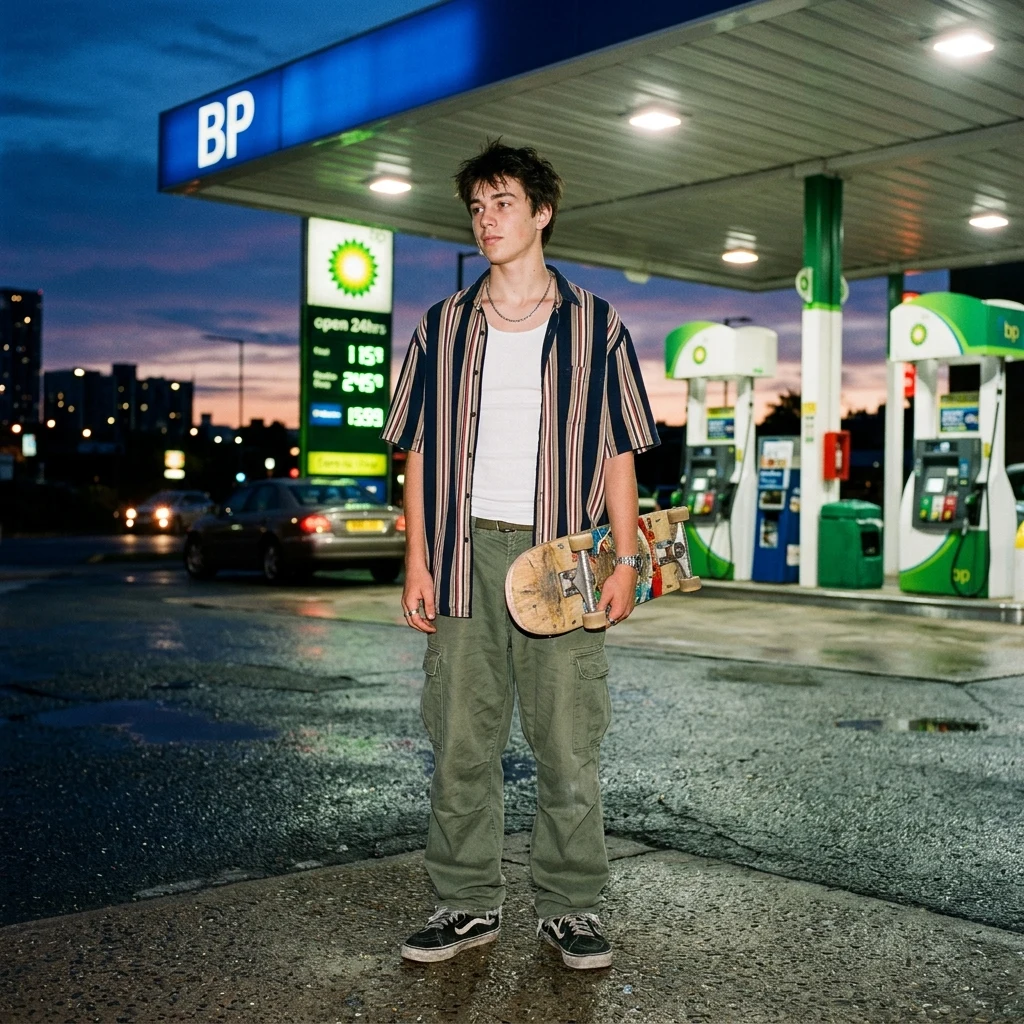 A teenage boy in an oversized vertical-striped short-sleeve button-up over a ribbed tank