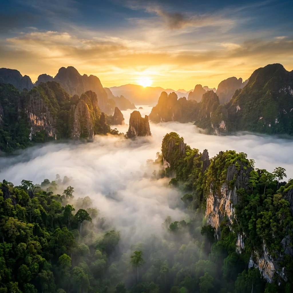 A long-exposure photograph of a golden sunrise over the heavily eroded limestone spires…