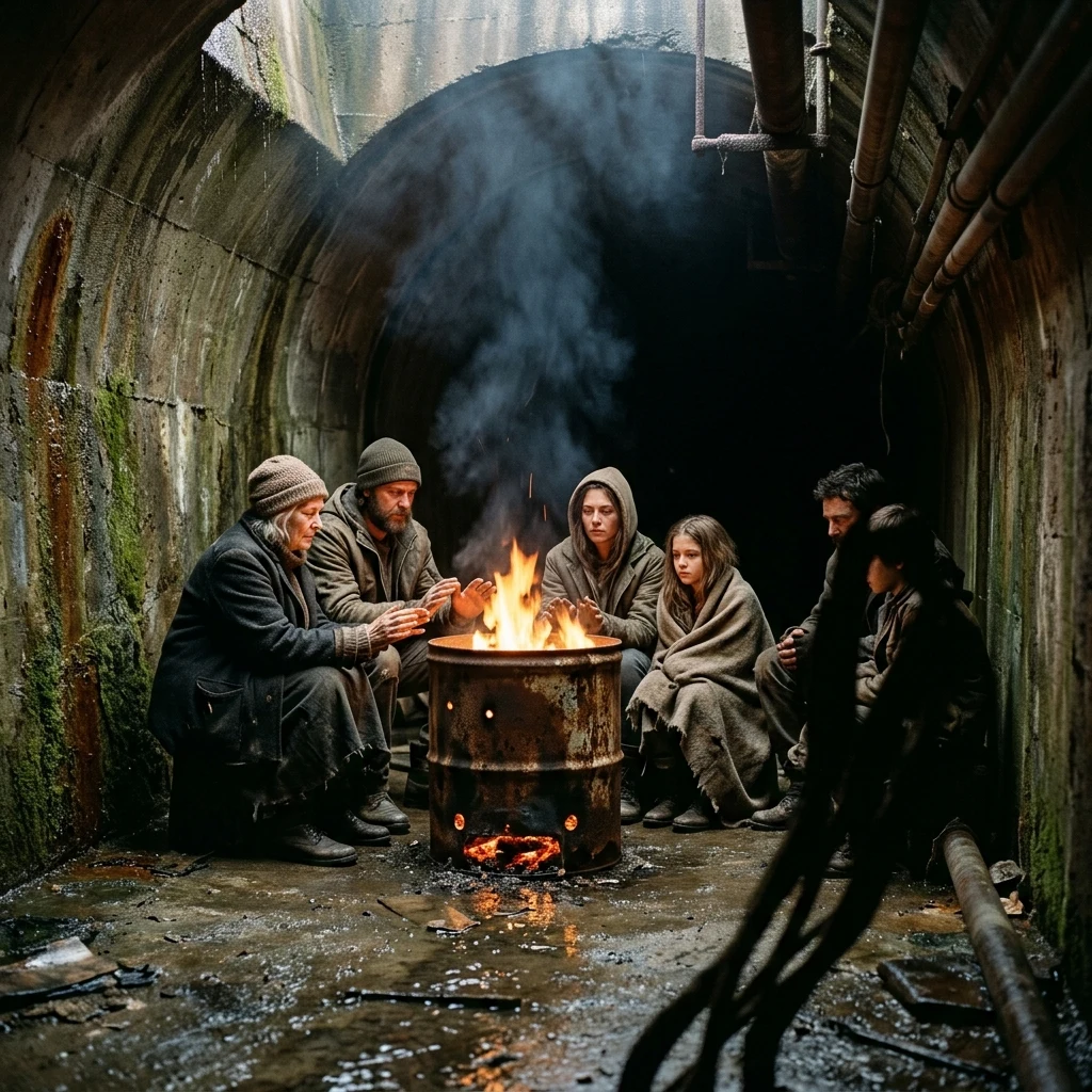 Survivors warming hands by a tunnel fire
