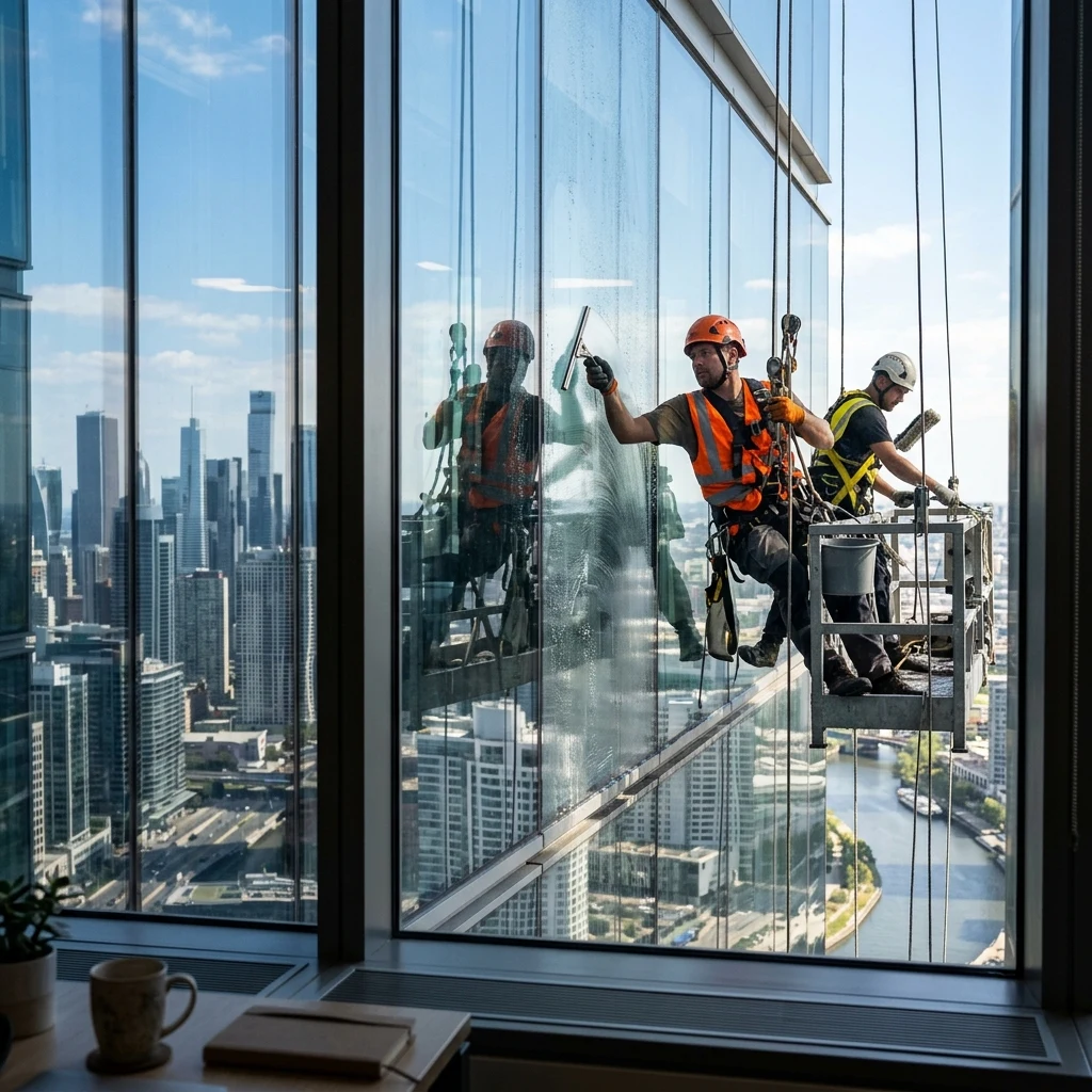 Window washers on a suspended scaffold photographed from inside an office